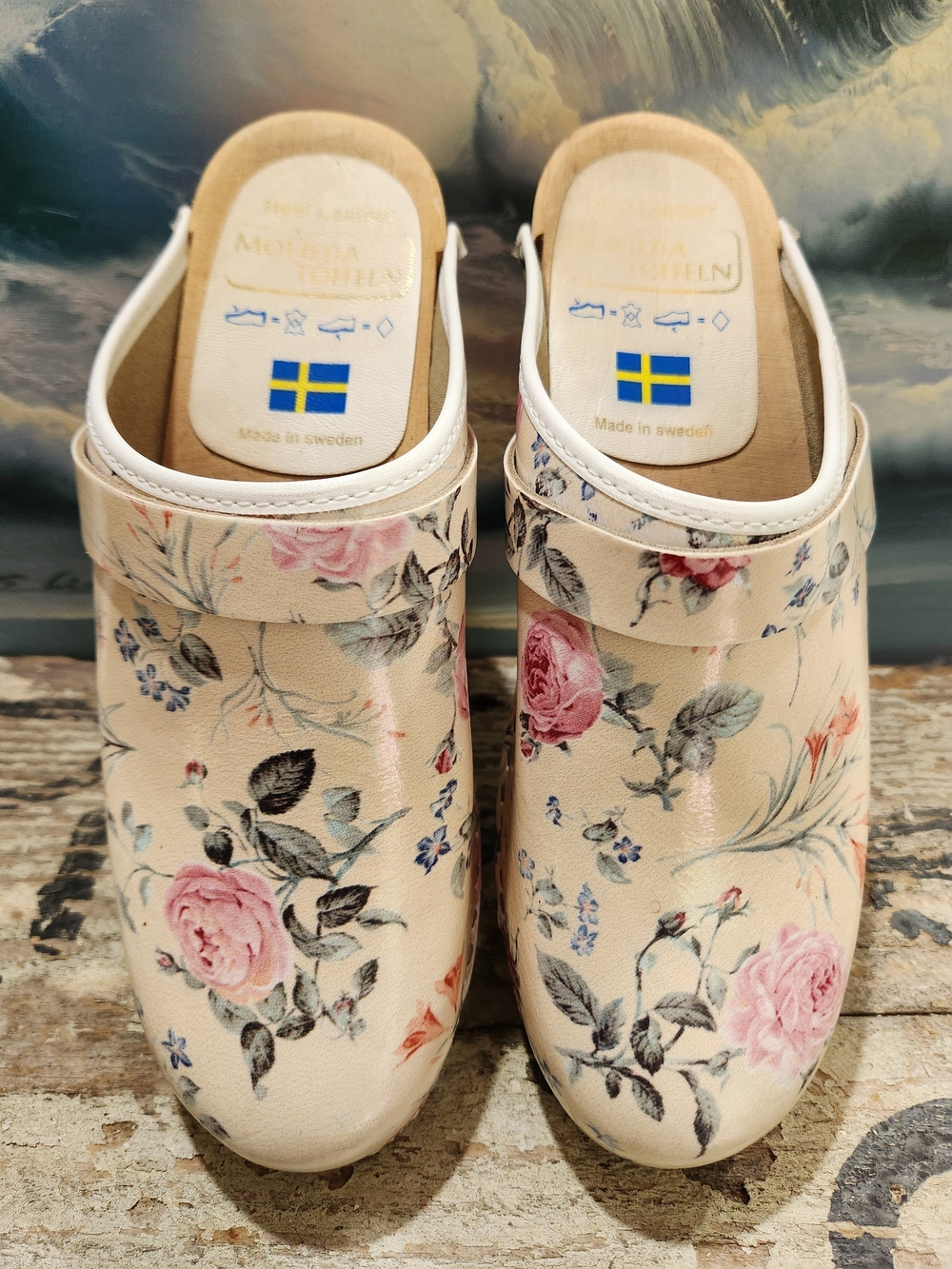 Floral Cream Leather Clogs - Swedish Design Size 39 - Picture 2 of 6